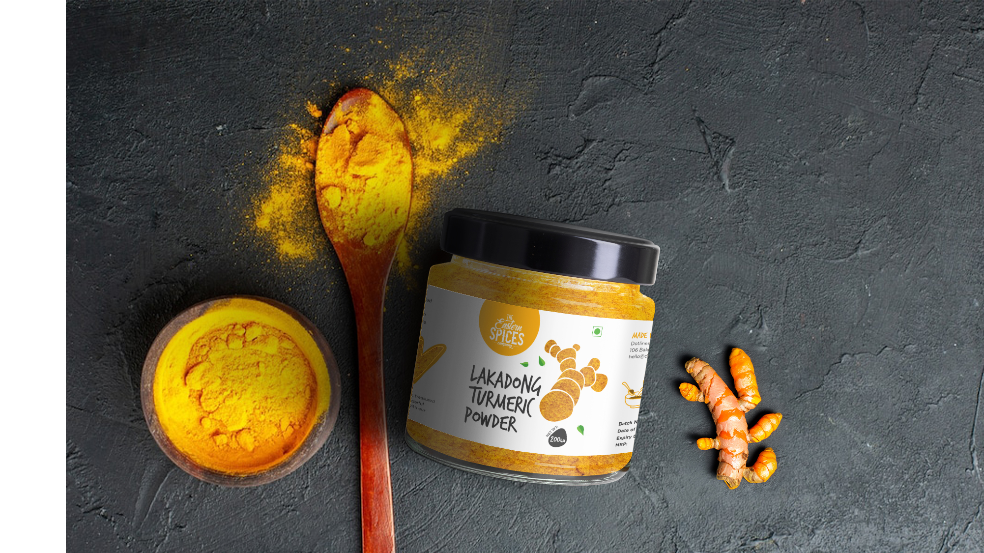 Set of ginger and ginger powder in bowls and spread around on a dark textured background. flat lay.